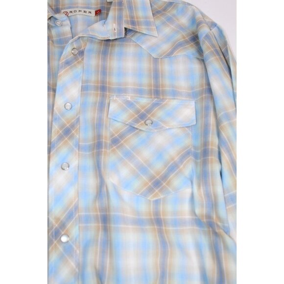 Roper Men's Cowboy Shirt L Blue Tan Plaid Western Pearl Snap Casual Fit Relaxed - Picture 10 of 15
